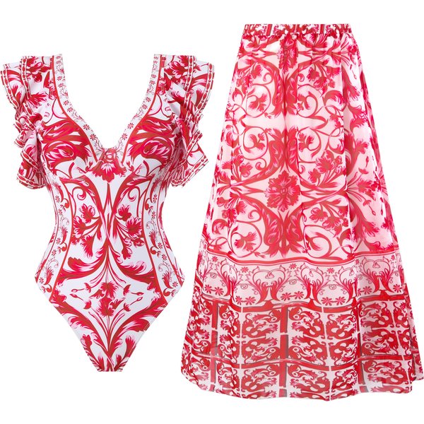 Women's Clothing Sexy One Piece Swimsuit Female Printed Two Piece Chiffon Skirt Swimsuit Suit