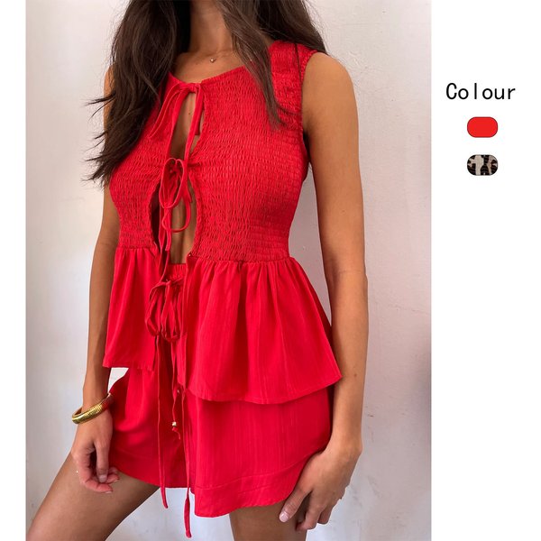 Women's Clothing Sleeveless Lace Up Top Slim Fashion Street Women's Casual Pants Suit 68617-image