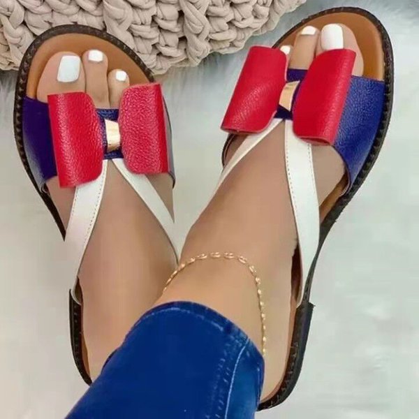 New Flat-Bottomed Color Matching Bow Ladies Sandals Large Size Women's Shoes-image