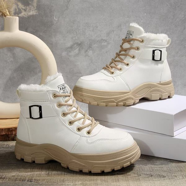 Women's Shoes Winter Warm Lace-Up Mid-Calf Boots With Faux Fur Lining, Platform Sole & Round Toe For Casual Comfort High Top Short Boots Shoes-image