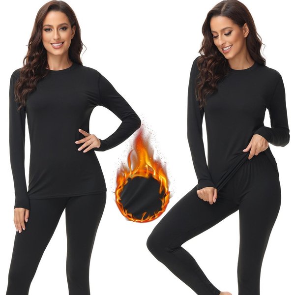Women's Thermal Underwear Set - Soft Fleece-Lined Winter Base Layer, Round Neck Long Sleeve Top & Pants, Stretchy & Warm (Black/Gray)