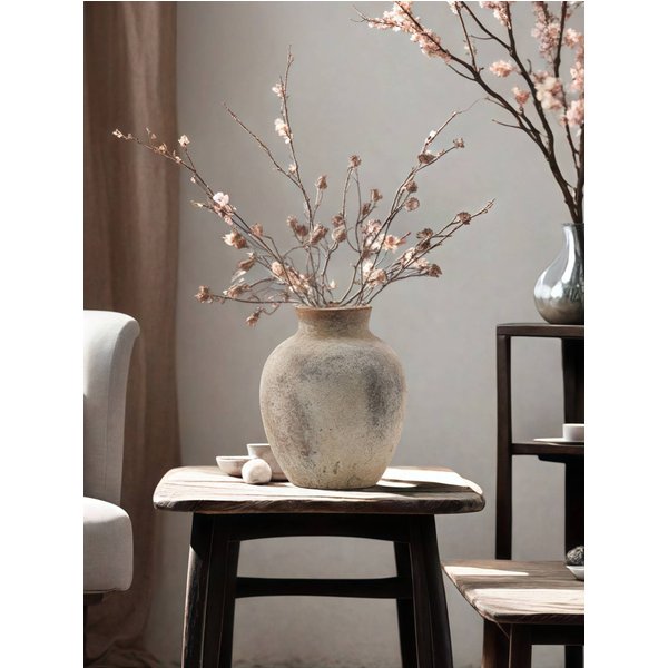 1PC Ceramic Antique Tile Pizza Style Vase Suitable For Japanese Art Decoration Farmhouse Interior Flower Arrangement Beautiful Ornament-image