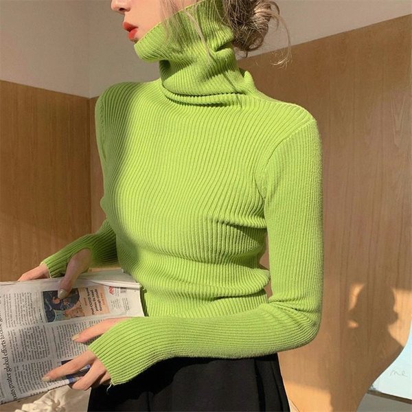 Women’s High Neck Knit Sweater Slim Fit Long Sleeve Pullover For Fall/Winter In Trendy Colors