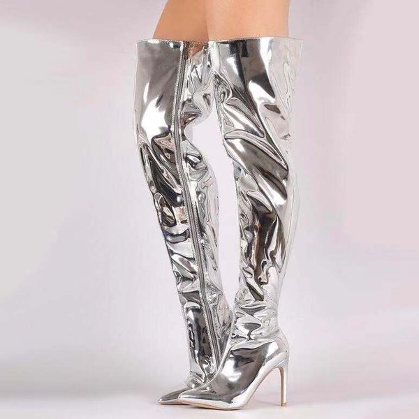 Elegant Pointed-Toe High Shine Patent Leather Over-The-Knee Boots For Women - Stiletto Heel, Side Zipper, Comfortable Fit-image