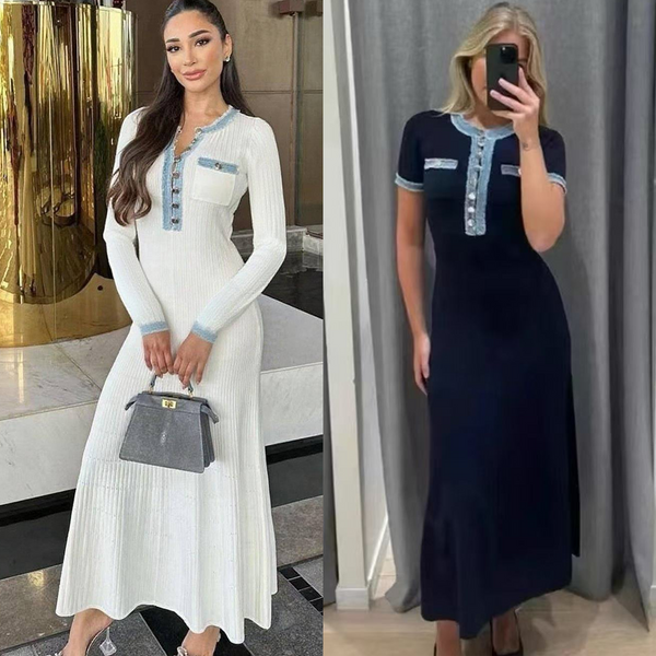 Women's Clothing Summer New Denim Splicing Knitted Long Skirt Tight Short Sleeve Waist Slim Dress