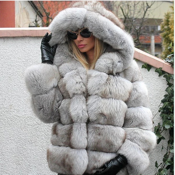 Women's Fashion Patchwork Warm Hooded Imitation Fur Coat-image