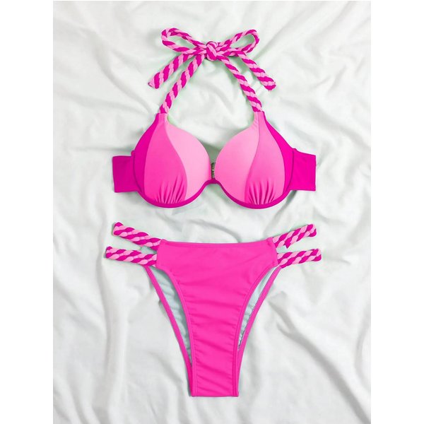 Women's Clothing Bikini Swimsuit Split Solid Color Steel Support Sexy Contrast Color Stitching Bikini Swimsuit-image