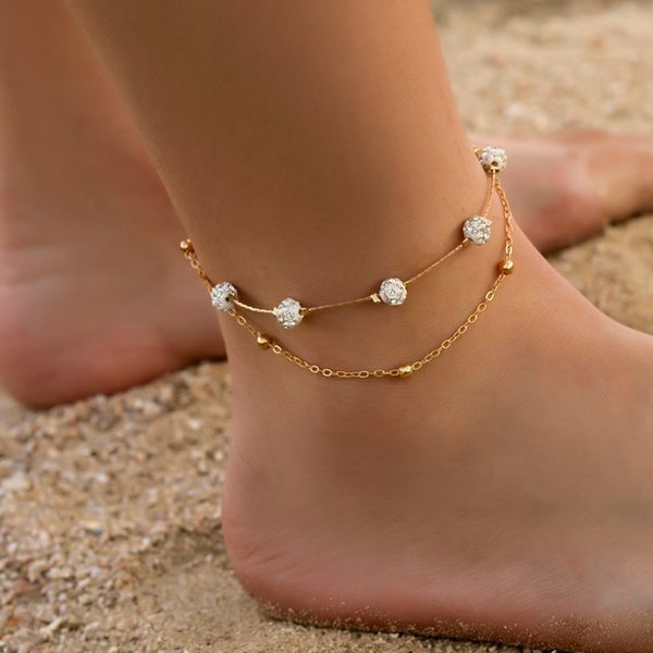 Shuosbai Rhinestone Balls Double Layered Women Anklet Alloy Beads Adjustable Chain Anklet Foot Accessories-image