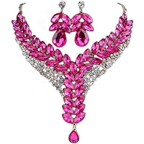 Women's Wedding Bridal Bridesmaid Rhinestone Crystal Statement Necklace Earrings Party Costume Jewelry Set-image