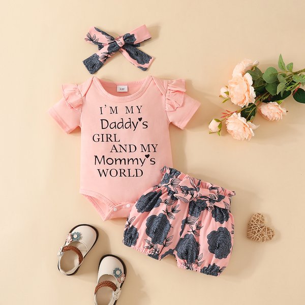 Babies' clothes Summer baby short-sleeved triangle romper lace-up shorts three-piece set girls cotton letter top cute pants