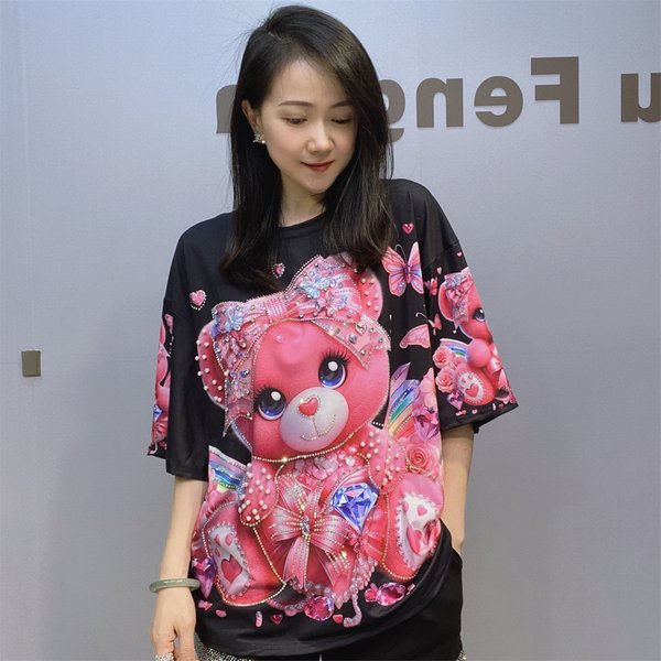 Women's Clothing Beaded Round Neck Short Sleeve T Shirt Women Summer Printed Fashion Half Sleeve Large Size Top