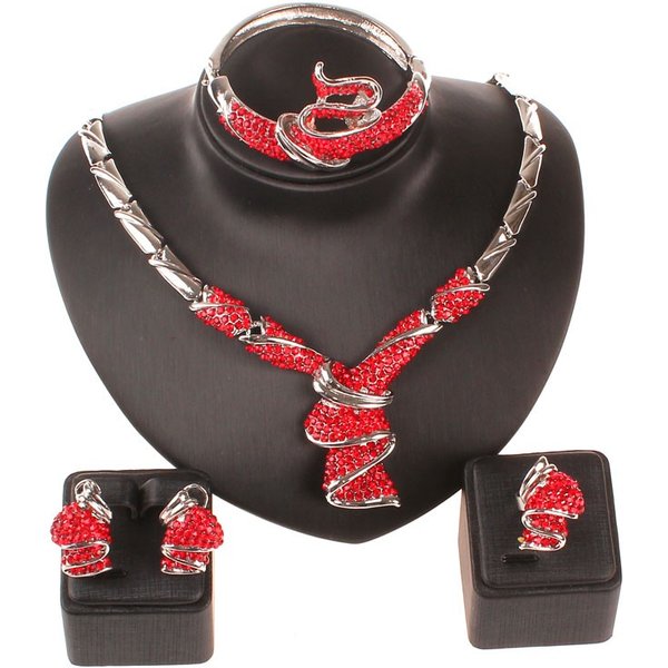 African bead for women party accessories silver plated Red Rhinestone Wedding necklace earring jewelry sets