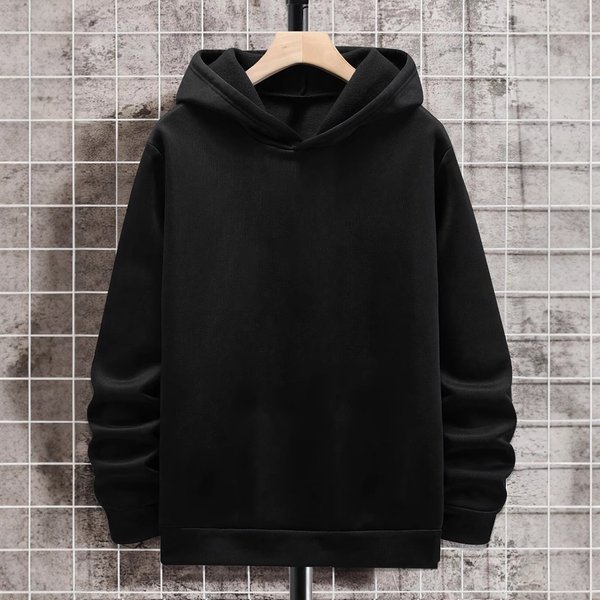 Men's Clothing Black Solid Color Men's Hooded Sweatshirt Long Sleeve Street Simple Casual Shirt New Style Tops All Match-image