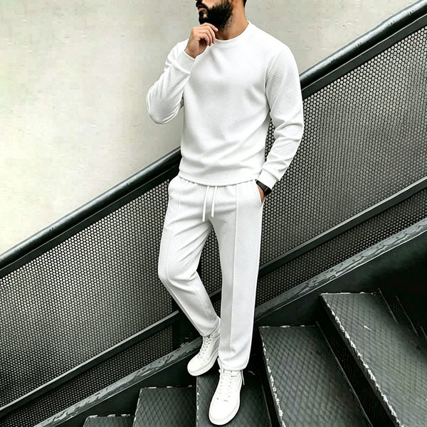 Men's Casual Sports Two Piece Set Crew Neck Long Sleeve Sweatshirt with Loose Drawstring Straight Leg Sweatpants
