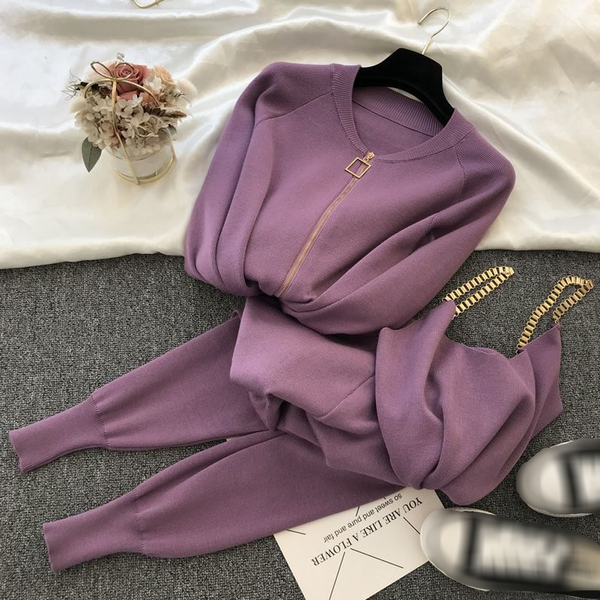 Women's Knitted Suit Vest, Jacket, Elasticated Pants, Fashionable Three-Piece Suit-image