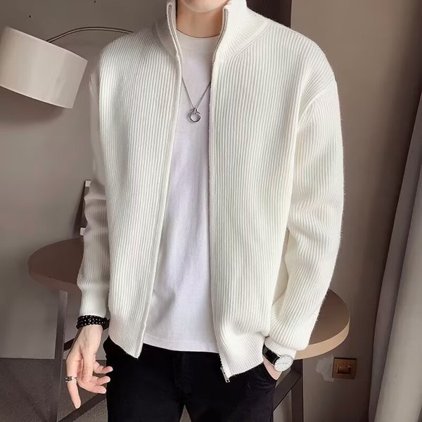 Men's Stand Collar Zip-Up Cardigan – Heavyweight Knit Sweater (Gray/Apricot/Black, M-XXXL)
