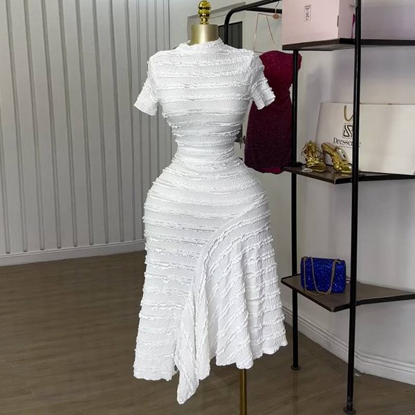 Women's Print Slim Elegant Swing Mid-Sleeve Belt Dress Sexy V-Neck Patchwork Long Skirt-image