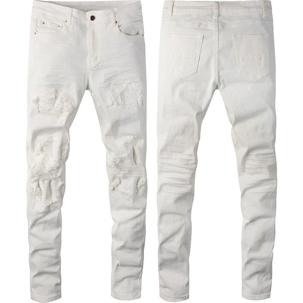 Men's Clothing American Fashion Casual High Street White Jeans Men's Slim Elastic Ripped White Men's Pants 592