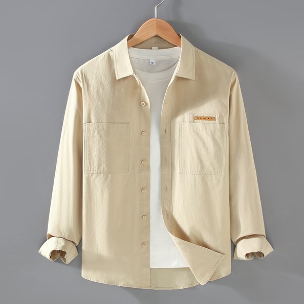 Men's Loose Versatile Spring Shirt New Style Thin Long Sleeved Double Pocket Pure Cotton Turn Down Collar Casual Outerwear-image