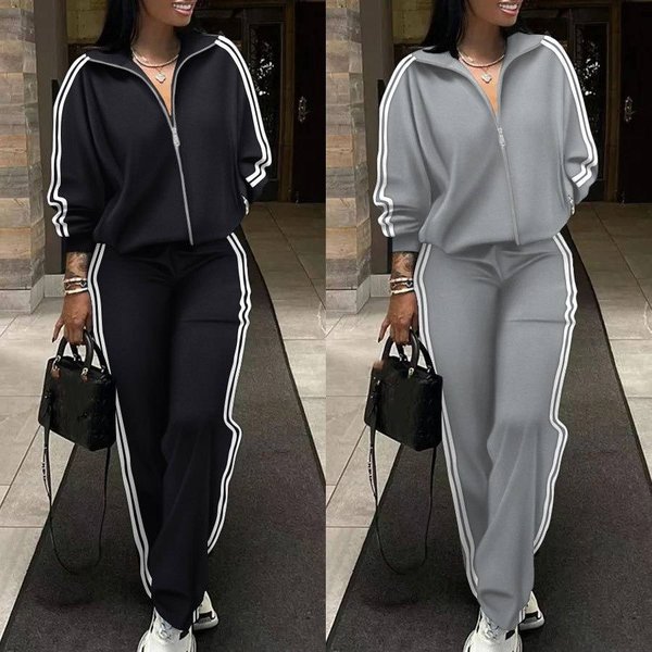Women's Clothing Lapel Striped Zipper Drop Shoulder Sweater Pants Set Two Piece Set-image