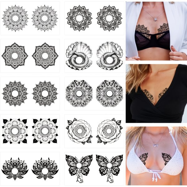 Multifunctional Body Art Tattoo Stickers 10Pcs, Mandala & Butterfly Clavicle Designs, Waterproof & Easy Removal-image