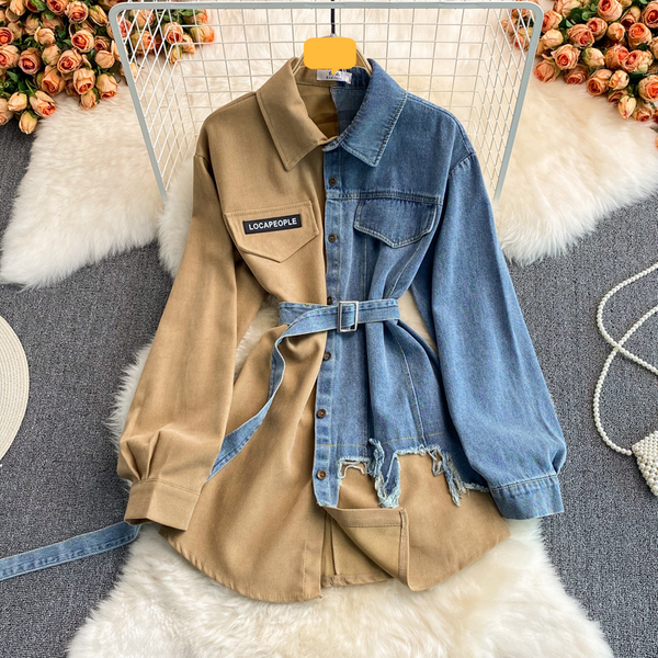 Women's Denim Patchwork Lapel Dress