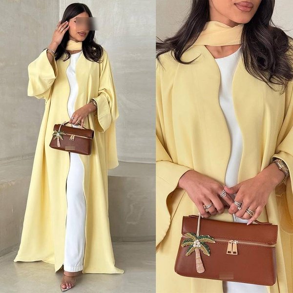 "GraElegant Modest Abaya Dress – Long Sleeve Open Front Cover (S-XXL, Solid Yellow) – Dubai Inspired Islamic Fashion