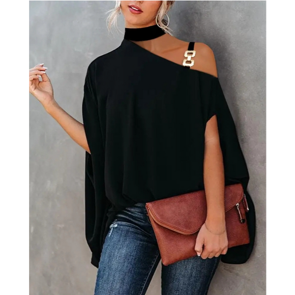 Women's Casual Solid Color Short-Sleeved Black One-Line Collar Long Chiffon Temperament Commuting V-Neck Pullover Shirt-image
