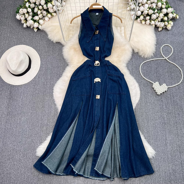 Women's Retro Lapel Hollow Waist Exposed Waist Slimming Sleeveless Single-Breasted A-Line Slit Denim Dress Casual Long Skirt-image