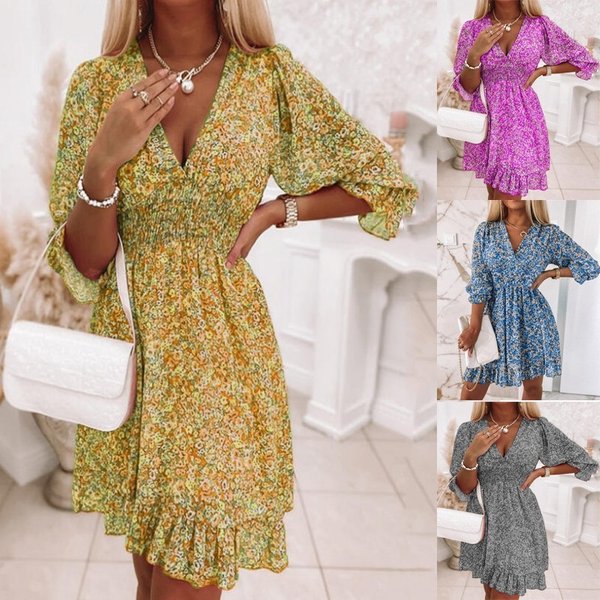 Women's Printed Dress Loose Fashion V-Neck Chiffon Pleated Skirt-image