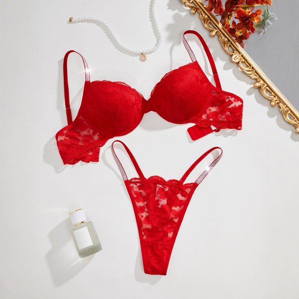 Valentine's Day Lace Lingerie Set - Sexy Sheer Bra & Panty Set For Women, Red, S/M/L Versatile For Play Or Display