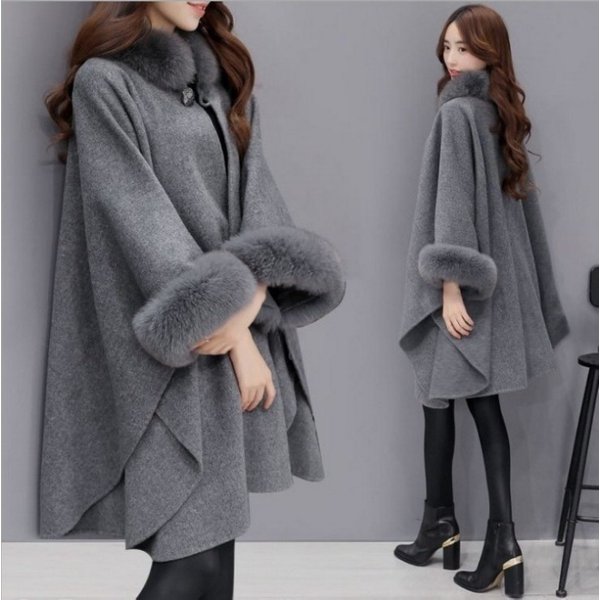 Women's Clothing Big Rabbit Fur Collar Mid-Length Woolen Coat Temperament Cloak Shawl Hepburn Style Woolen Large Size Coat For Women-image