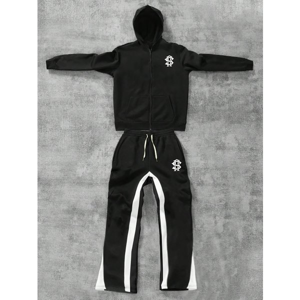 Men's Clothing Men's Trendy Hooded Printed Sweatshirt Set, Suitable For Street Style, Everyday Wear, Sports, And Parties.