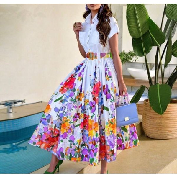 Women's positioning hem floral short-sleeved waist shirt long skirt-no belt LZR16451
