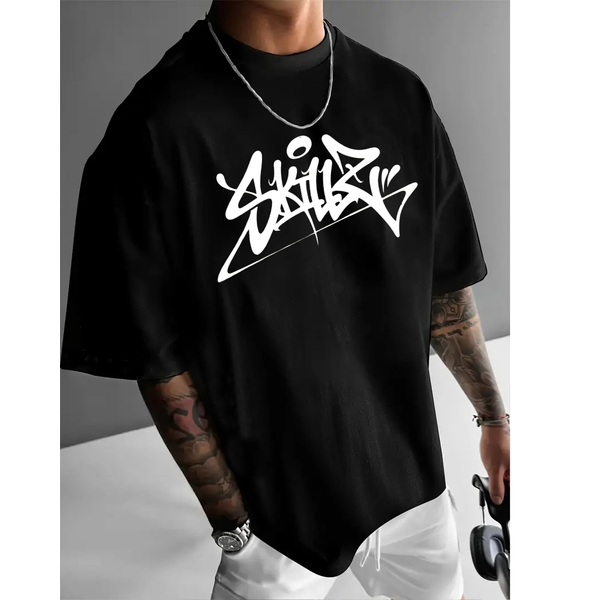 Men's 230GSM Graffiti Lettering Tee - 100% Cotton Streetwear T-Shirt With Borderless Print-image
