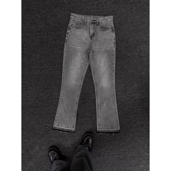Men's Distressed Flared Jeans - Vintage Grey Cleanfit Denim With Frayed Hem, High Street Micro Bell Bottoms