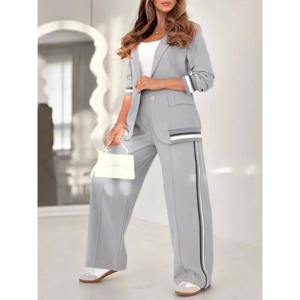 Solid Color Striped Suit Jacket Trousers Two Piece Casual Suit For Women-image