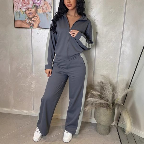 Women's Casual Sportswear Set High Waist Wide Leg Pants And Loose Fitting Jacket Versatile Everyday Outfit-image