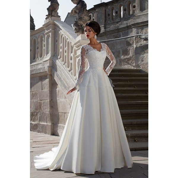 Women's Lace Long Sleeve Trailing Wedding Dress Simple Trailing Slim Lace Satin Banquet Host Wedding Dress-image