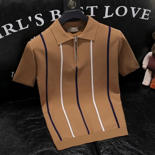 Men's Clothing Summer fashion thin ice silk knitted short sleeved men's retro striped slim Polo shirt high end lapel T shirt