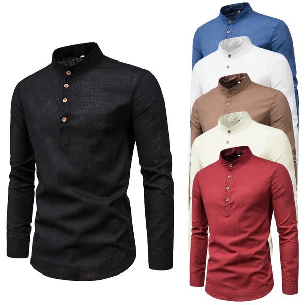 men's solid color casual slim fit stand-up collar long sleeve business shirt shirt