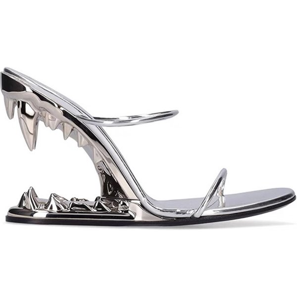 New European And American Style Metal High-heeled Hollowed-out Fang-shaped Unique Heel Open-toe Sandals, Large Size