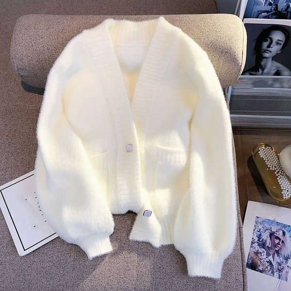 Women's Clothing Mink Knitted Cardigan Petite Long Sleeved Stylish Sweater-image