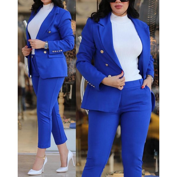 Women's Elegant Everyday Solid Color Split-Sleeve With Pockets And Straight-Leg Trousers With Lapel Suit Set For Commuting-image