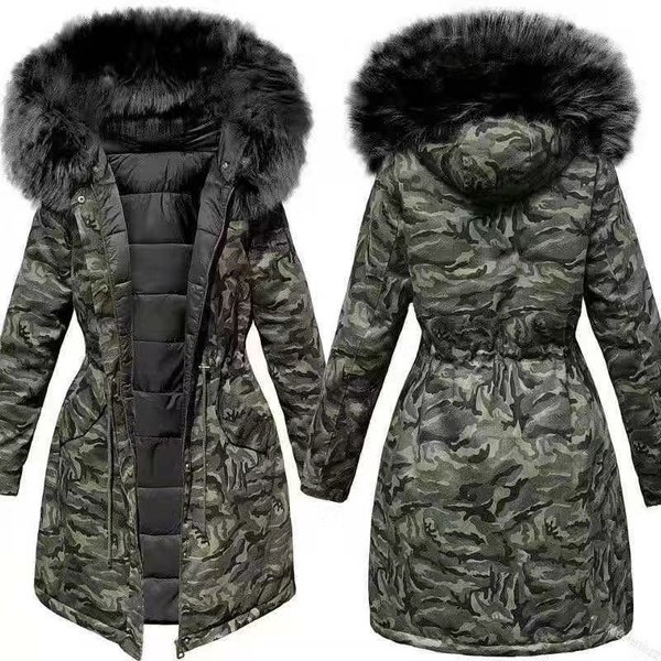 Women's Clothing Winter Plus Velvet Thickened Coat For Women Version Loose Bf Large Fur Collar Medium And Long Camouflage Cotton Coat-image
