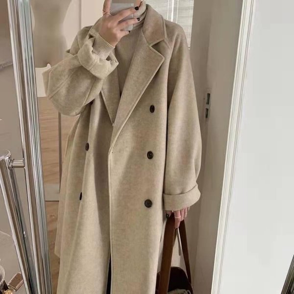 Women's Wool Blend Coat Longline Oversized Trench Coat With Double Breasted For Autumn Winter Casual Elegant In Oatmeal Black Mocha Red Gray-image