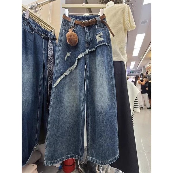 Women's Two-Piece Jeans, New Early Autumn Style, Frayed Hem Design, Loose-Fitting, Slimming, Wide-Leg, Floor-Length-image