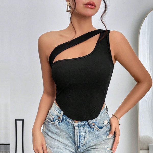 Women's Clothing New Slim Ultra Short Irregular Hem Oblique Shoulder Wrap Chest Vest Hollow Top