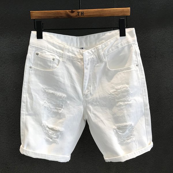 Men's Clothing Street Fashion White Ripped Denim Shorts Casual Trend Summer Scratched Beggar Five Points