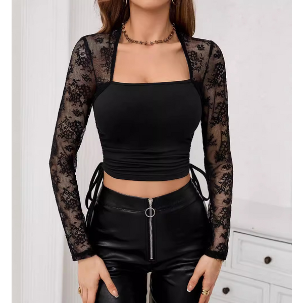 Women's Clothing Autumn And Winter New Elegant Women's Square Neck Lace Splicing Knitted Slim Side Drawstring Top-image